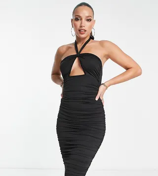 Parisian Tall halter neck cut out front midi dress in black