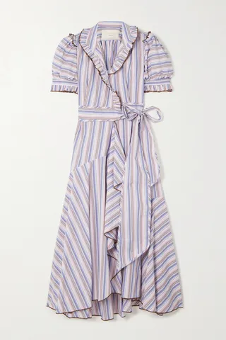 Anna Mason - Stella Ruffled Striped Cotton-poplin Midi Wrap Dress - Blue