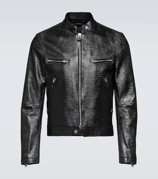 Lizard-effect leather biker jacket