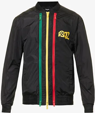 Mens Black Contrast-panel Stand-collar Regular-fit Shell Bomber Jacket