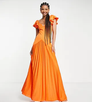 ASOS DESIGN Tall ruffle shoulder pleated maxi dress in orange - ORANGE