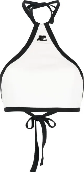 White Logo Embroidered Halterneck Crop Top