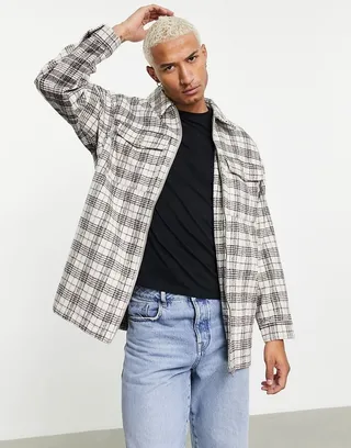 ASOS DESIGN oversized wool look shacket in gray and ecru check with contrast panel
