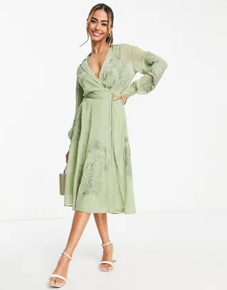 ASOS DESIGN floral embroidered midi dress with lace insert and satin tie detail in sage