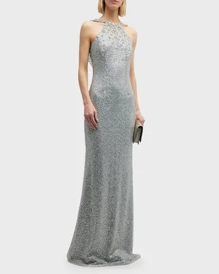 Beaded Draped Halter Gown