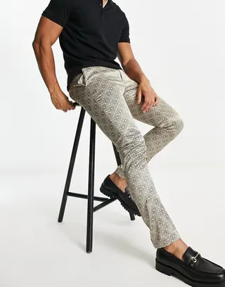 ASOS DESIGN skinny smart pants in retro brown monogram print
