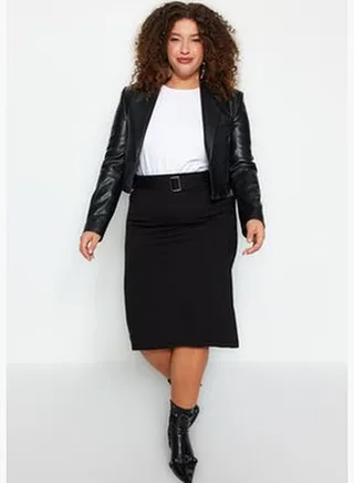 Black Pencil Knitted Skirt With A Belt TBBAW24AZ00040