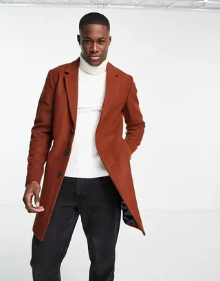 Jack & Jones Premium wool overcoat in brown