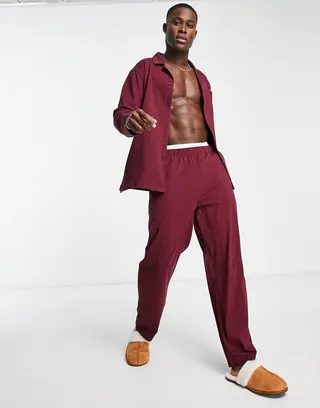 ASOS DESIGN pajama set with long sleeve shirt and pants in jersey in burgundy