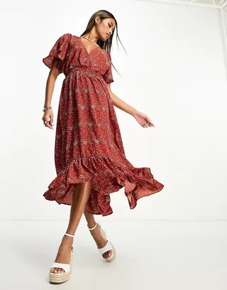 AX Paris wrap floral midi dress in red