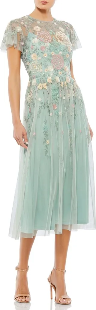 Beaded Floral Flutter Sleeve Cocktail Dress