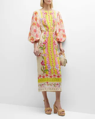 Neelam Puff-Sleeve Cutout Floral Linen Midi Dress