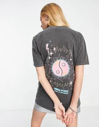 ASOS DESIGN oversized t-shirt with inner peace yin yang graphic in washed charcoal