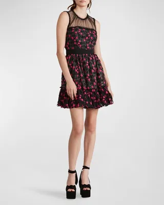 Floral Embellished Tulle Lace-Yoke Mini Dress