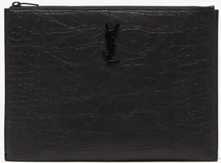 Ysl-plaque Crocodile-effect Leather Pouch