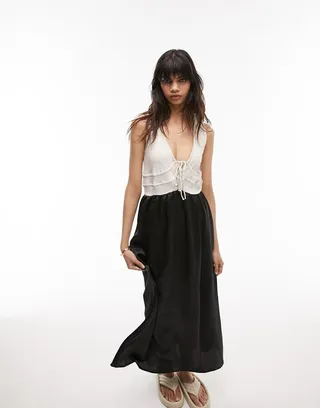 Topshop linen and satin channeled midi dress in neutral color block