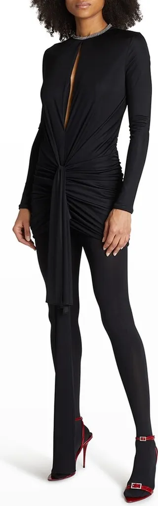Crystal-Neck Ruched Drape Mini Dress
