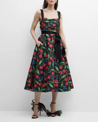 Cherry-Print Draped Sash Midi Dress