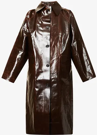 Womens Dark Brown ingle-breasted Faux-leather Coat