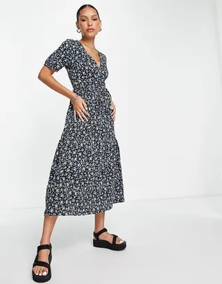 ASOS DESIGN tiered midi wrap dress with puff sleeve in black floral