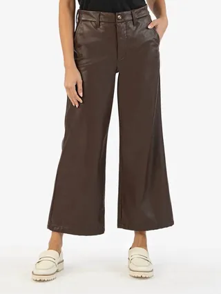 Aubrielle High Waist Ankle Wide Leg Faux Leather Pants in Chocolate