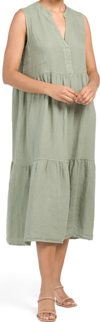 Made In Italy Linen Sleeveless Tiered Midi Dress