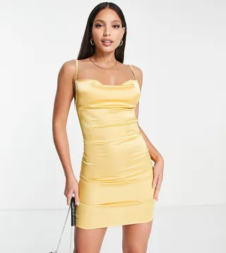 Parisian Tall satin cami strap mini dress with cowl neck in chartreuse