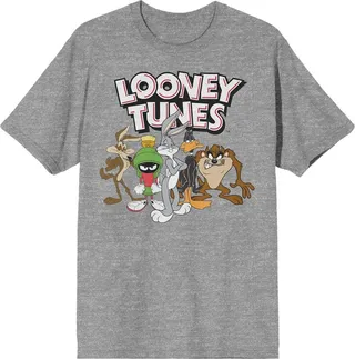 Looney Tunes Character Group With Logo Crew Neck Short Sleeve Athletic Heather Men’s T-shirt-Small