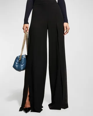 Layered Front-Slits Silk Georgette Wide-Leg Pants