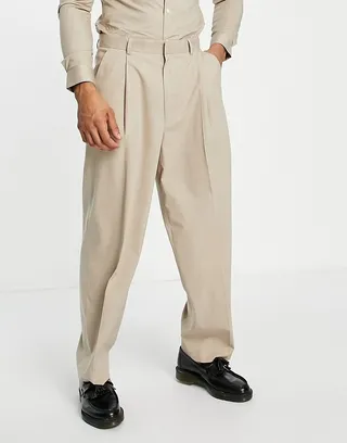 Topman wide leg pants with pleat in stone