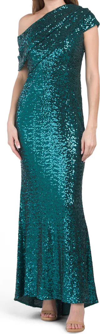 Sequin Asymmetrical Neck Drape Shoulder Gown