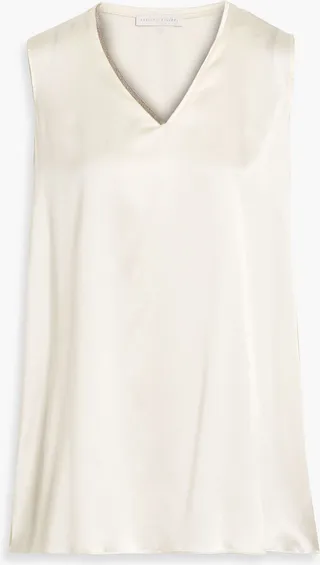 Bead-embellished silk-blend satin tank