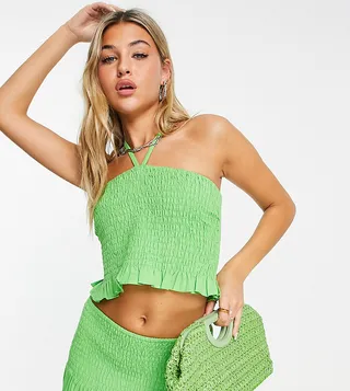 COLLUSION shirred halterneck top in green