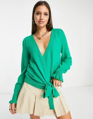 Vila frill detail wrap cardigan in green