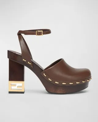 Vitello Leather Ankle-Strap Clog Pumps