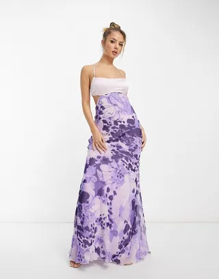 ASOS DESIGN satin mix cami cut out waist maxi dress with cross strap detail in purple floral print