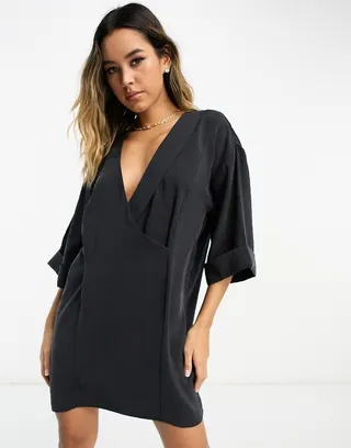 ASOS DESIGN oversized boxy mini dress with wrap collar detail in black