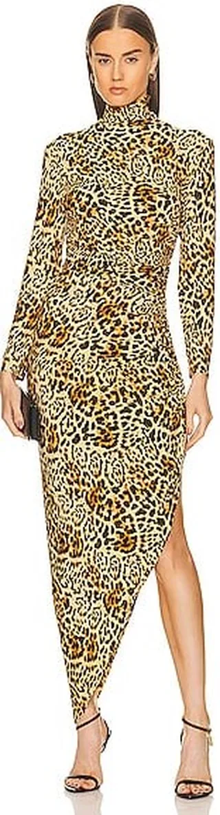 Norma Kamali Long Sleeve Turtleneck Side Drape Gown in Beige