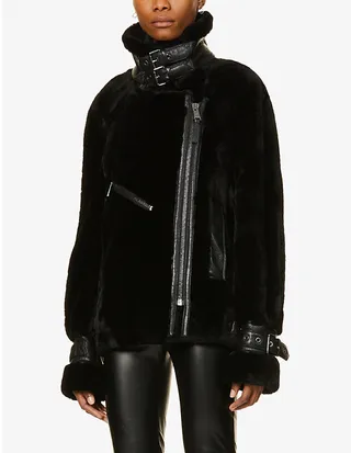 Womens Black Greenwich hearling Biker Jacket