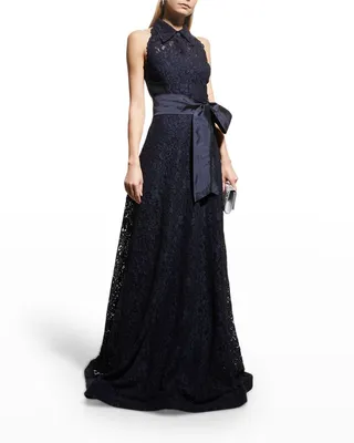 Lace Cutout Halter Gown
