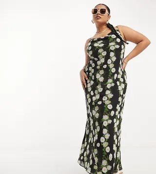 ASOS DESIGN Curve chiffon cowl neck midi slip dress in blurred floral print