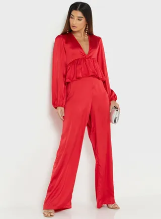 Ruffle Detail Plunge Neck Jumpsuit