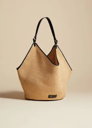 The Medium Lotus Tote in Natural Raffia and Black Leather