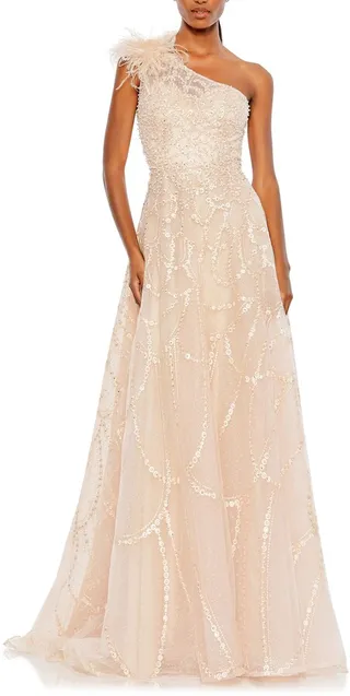 Beaded One-Shoulder A-Line Gown