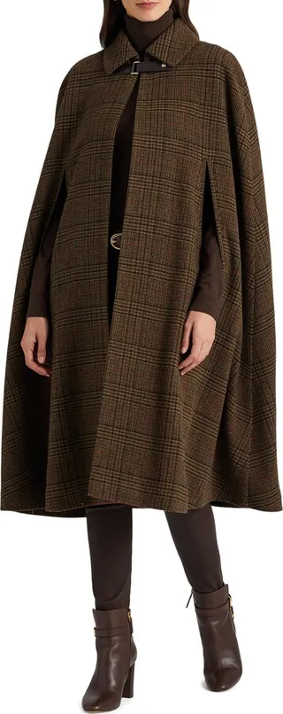 Plaid Wool Blend Cape Coat