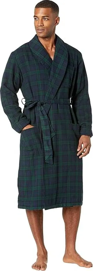 L.L.Bean Scotch Plaid Flannel Robe Sherpa Lined Regular (Black Watch) Men's Robe