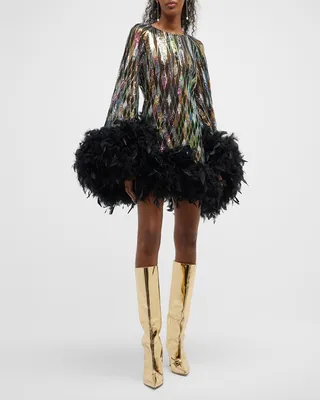 Farah Feather-Trim Sequin Mini Dress