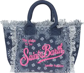 Medium size bag with small handles and zip closure Small document pocket inside Surrounded by fringe and decorated with an embroidered logo Colour: blue
