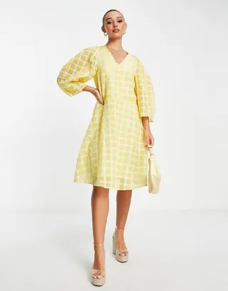InWear Malva gingham volume sleeve dress in yellow