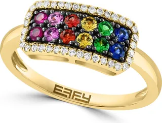 14K Yellow Rainbow Sapphire & White Diamond Ring - Size 7